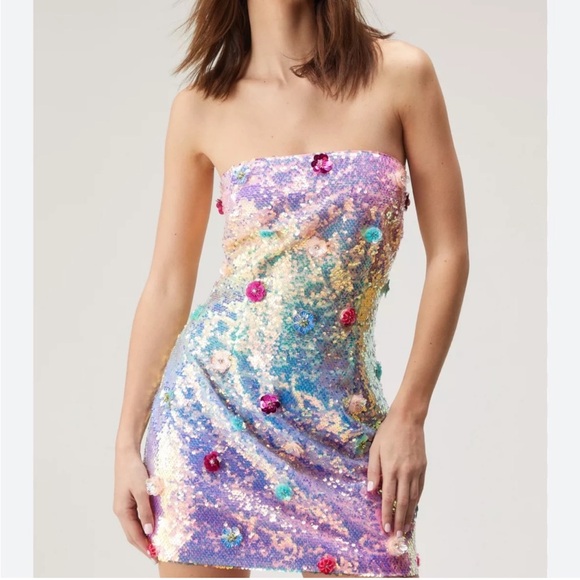 Nasty Gal Pink and Gold Sequin Strapless Dress NEW - Picture 1 of 8